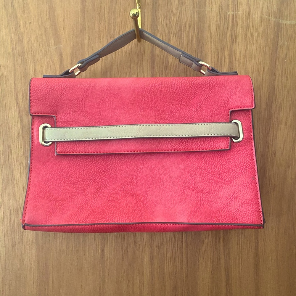 Pink And Tan Faux Pebble Leather Satchel Handbag 12” x 8” Good Used Condition